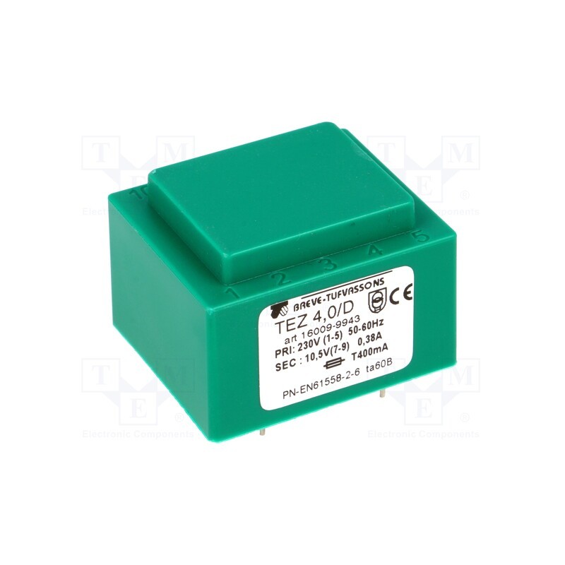 1 pcs x BREVE TUFVASSONS - TEZ4/D230/10.5V - Transformer: encapsulated, 4VA, 230VAC, 10.5V, 380.9mA, PCB, IP00