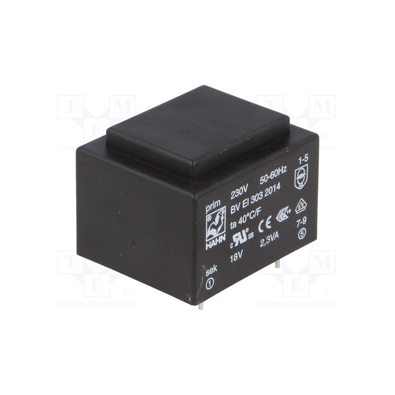 1 pcs x HAHN - BV EI 303 2014 - Transformer: encapsulated, 2.3VA, 230VAC, 18V, 127mA, PCB, BVEI