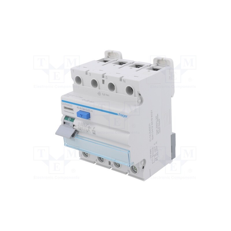 1 pcs x HAGER - CDF640D - RCD breaker, Inom: 40A, Ires: 30mA, Max surge current: 250A, IP20