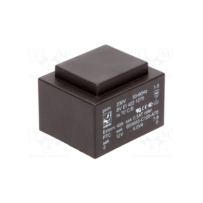 1 pcs x HAHN - BV EI 422 1275 - Transformer: encapsulated, 6VA, 230VAC, 12V, 500mA, PCB, BVEI