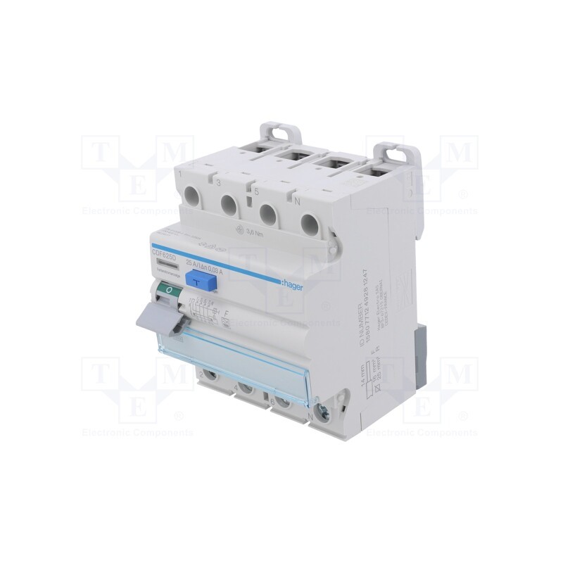 1 pcs x HAGER - CDF625D - RCD breaker, Inom: 25A, Ires: 30mA, Max surge current: 250A, IP20