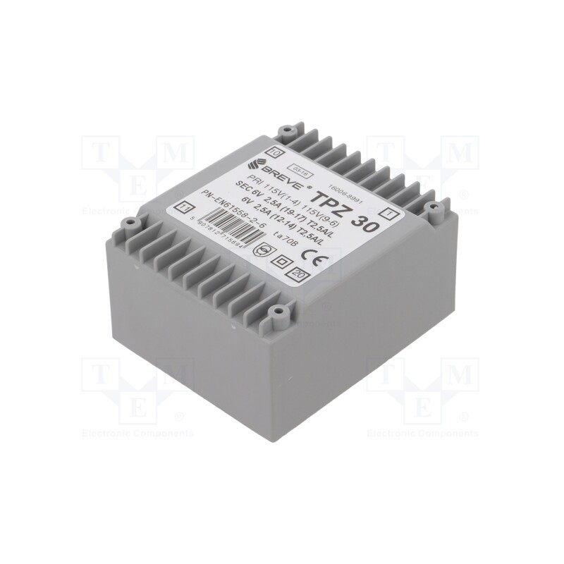 1 pcs x BREVE TUFVASSONS - TPZ30/2*115/2*6V - Transformer: mains, 30VA, 115VAC,230VAC, 6V, 6V, PCB, IP00