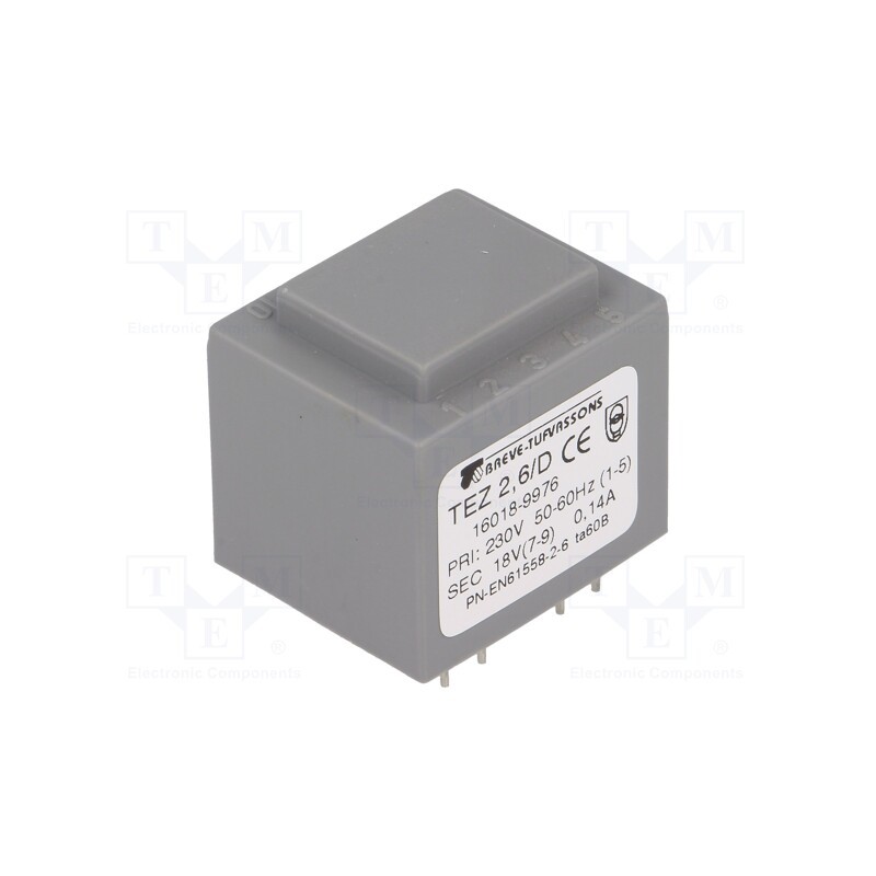 1 pcs x BREVE TUFVASSONS - TEZ2.6/D230/18V - Transformer: encapsulated, 2.5VA, 230VAC, 18V, 138.9mA, PCB, IP00