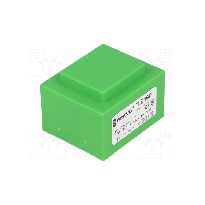 1 pcs x BREVE TUFVASSONS - TEZ16/D230/12V - Transformer: encapsulated, 16VA, 230VAC, 12V, 1333.3mA, PCB, IP00