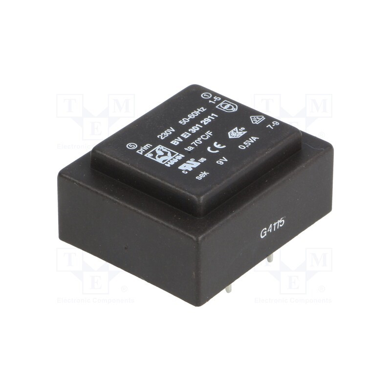 1 pcs x HAHN - BV EI 301 2911 - Transformer: encapsulated, 0.5VA, 230VAC, 9V, 56mA, PCB, BVEI