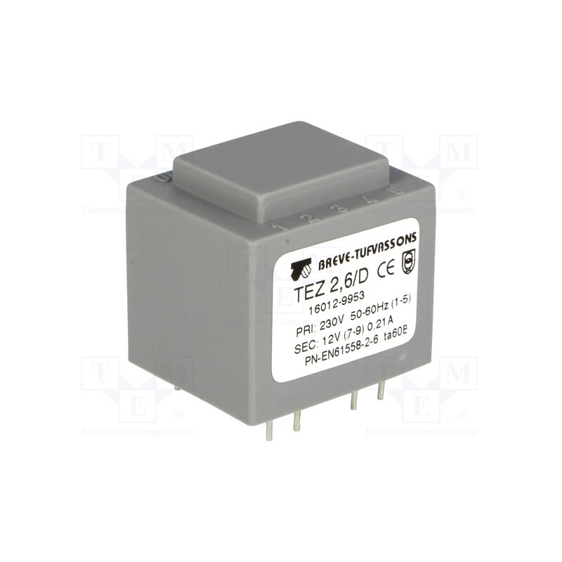 1 pcs x BREVE TUFVASSONS - TEZ2.6/D230/12V - Transformer: encapsulated, 2.5VA, 230VAC, 12V, 208.3mA, PCB, IP00
