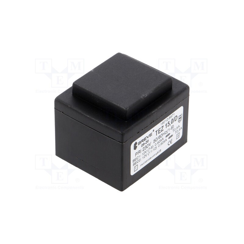 1 pcs x BREVE TUFVASSONS - TEZ15.0/D230/12-12V - Transformer: encapsulated, 15VA, 230VAC, 12V, 12V, 625mA, 625mA, PCB