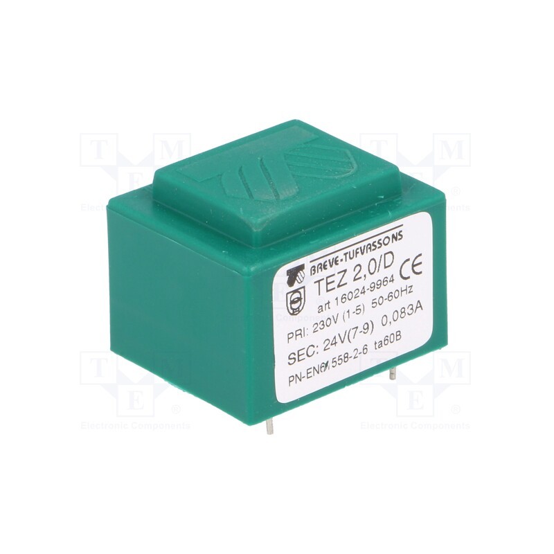 1 pcs x BREVE TUFVASSONS - TEZ2/D230/24V - Transformer: encapsulated, 2VA, 230VAC, 24V, 83.3mA, PCB, IP00, TEZ