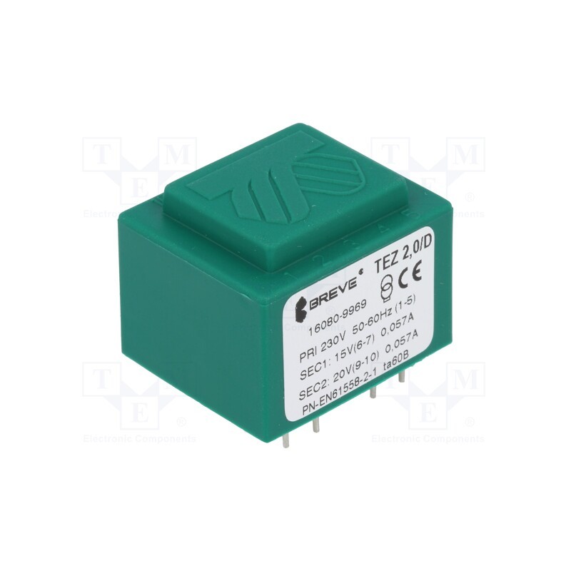 1 pcs x BREVE TUFVASSONS - TEZ2/D230/15-20V - Transformer: encapsulated, 2VA, 230VAC, 15V, 20V, PCB, IP00, A: 28mm
