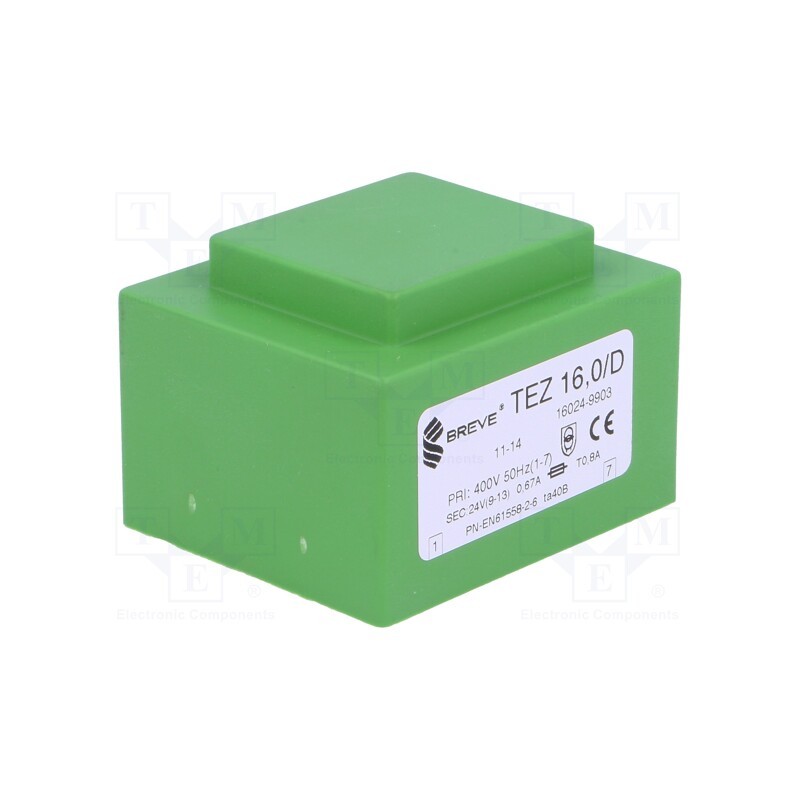 1 pcs x BREVE TUFVASSONS - TEZ16/D400/24V - Transformer: encapsulated, 16VA, 400VAC, 24V, 666.6mA, PCB, IP00