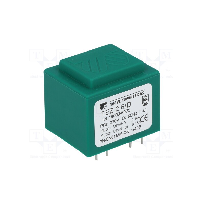 1 pcs x BREVE TUFVASSONS - TEZ2.5/D230/7.5-7.5V - Transformer: encapsulated, 2.5VA, 230VAC, 7.5V, 7.5V, 166.6mA, PCB