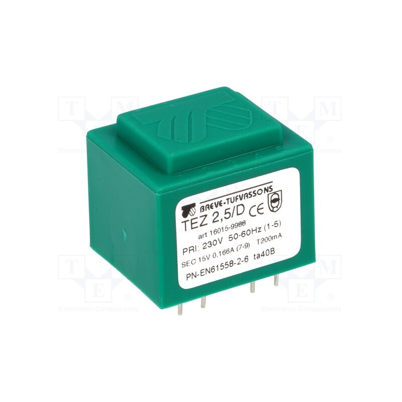 1 pcs x BREVE TUFVASSONS - TEZ2.5/D230/15V - Transformer: encapsulated, 2.5VA, 230VAC, 15V, 166.6mA, PCB, IP00