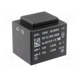 1 pcs x HAHN - BV EI 305 2058 - Transformer: encapsulated, 3VA, 230VAC, 15V, 15V, 100mA, 100mA, PCB