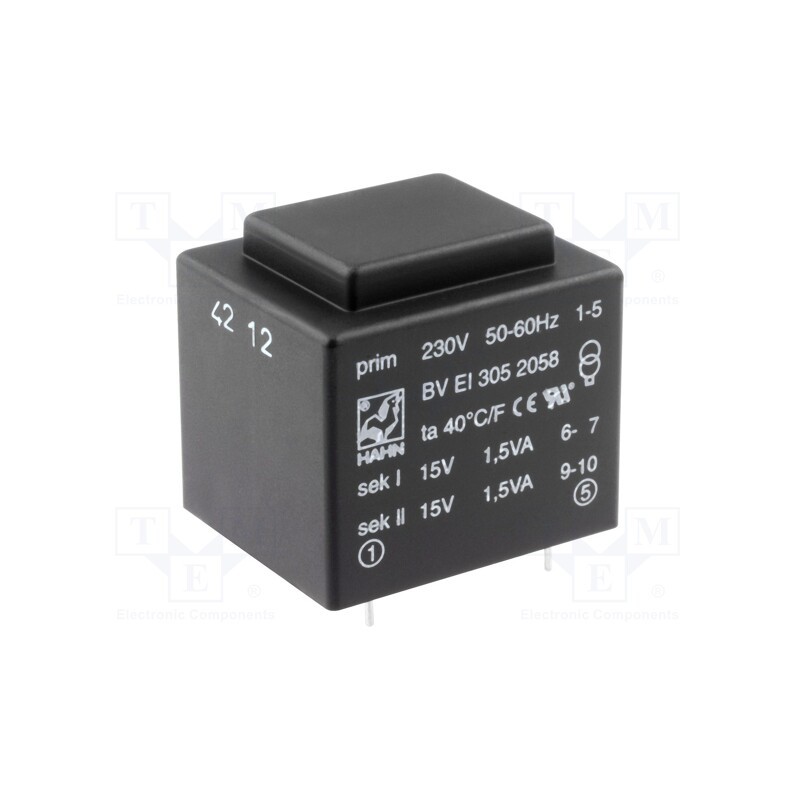 1 pcs x HAHN - BV EI 305 2058 - Transformer: encapsulated, 3VA, 230VAC, 15V, 15V, 100mA, 100mA, PCB