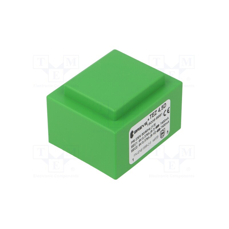 1 pcs x BREVE TUFVASSONS - TEZ4.5/D230/6-6V - Transformer: encapsulated, 4.5VA, 230VAC, 6V, 6V, 375mA, 375mA, PCB