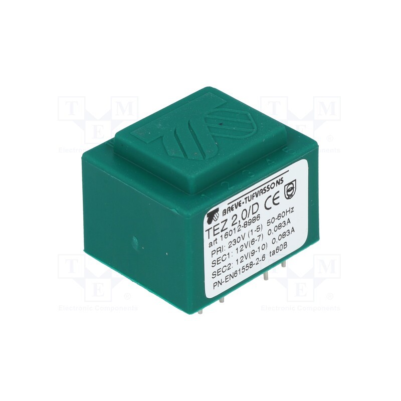 1 pcs x BREVE TUFVASSONS - TEZ2/D230/12-12V - Transformer: encapsulated, 2VA, 230VAC, 12V, 12V, 83.3mA, 83.3mA