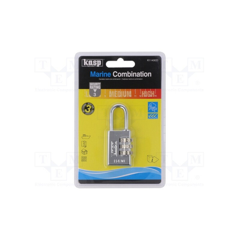1 pcs x KASP - K11430D - Padlock, Width: 30mm, stainless steel, 3 digit code, C: 5mm, B: 28mm