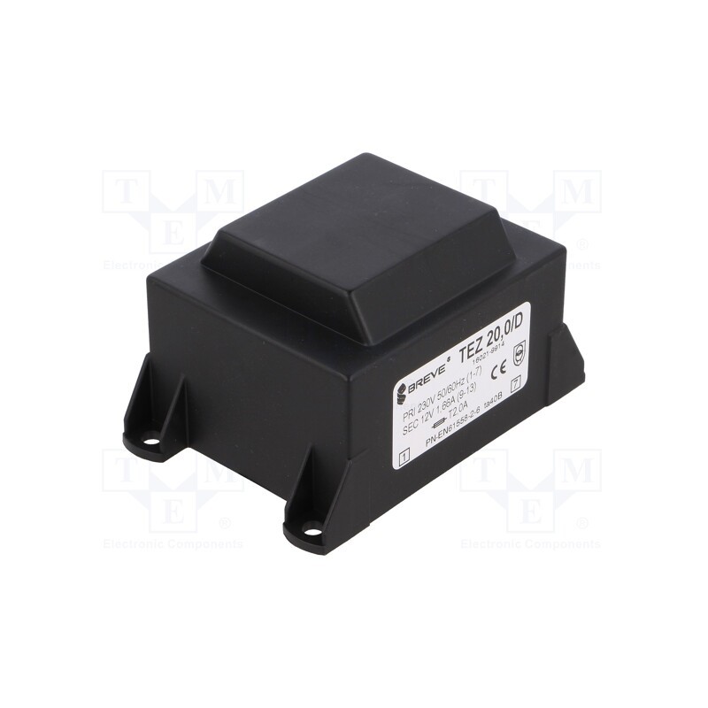 1 pcs x BREVE TUFVASSONS - TEZ20/D230/12V - Transformer: encapsulated, 20VA, 230VAC, 12V, 1666.6mA, PCB, IP00