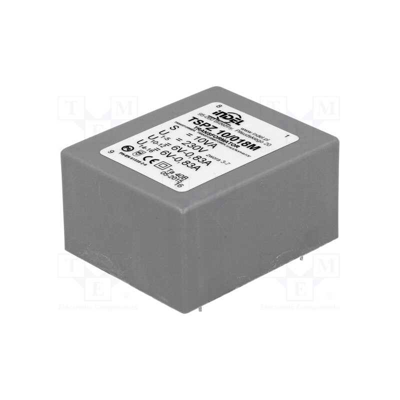 1 pcs x INDEL - TSPZ10/018 - Transformer: encapsulated, 10VA, 230VAC, 6V, 6V, 830mA, 830mA, PCB