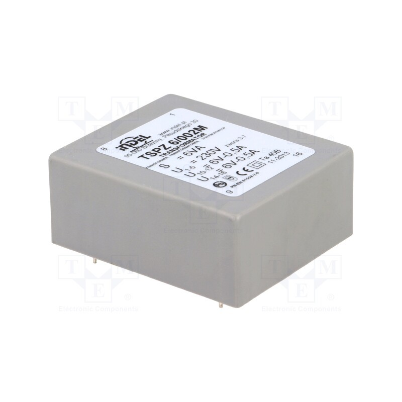 1 pcs x INDEL - TSPZ6/002 - Transformer: encapsulated, 6VA, 230VAC, 6V, 6V, 500mA, 500mA, PCB