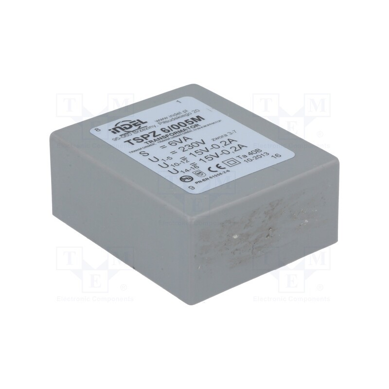 1 pcs x INDEL - TSPZ6/005 - Transformer: encapsulated, 6VA, 230VAC, 15V, 15V, 200mA, 200mA, PCB