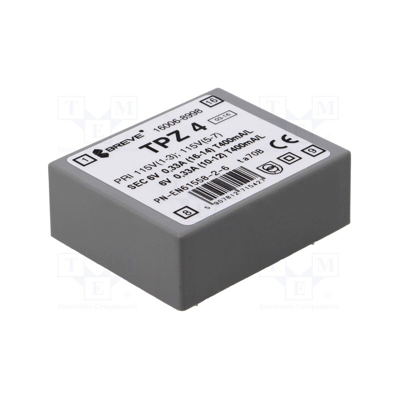1 pcs x BREVE TUFVASSONS - TPZ4/2*115/2*6V - Transformer: mains, 4VA, 115VAC,230VAC, 6V, 6V, PCB, IP00
