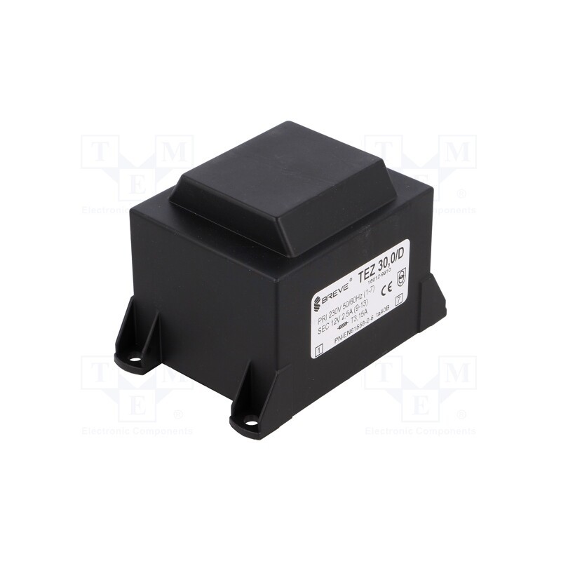 1 pcs x BREVE TUFVASSONS - TEZ30/D230/12V - Transformer: encapsulated, 30VA, 230VAC, 12V, 2.5A, PCB, IP00, TEZ