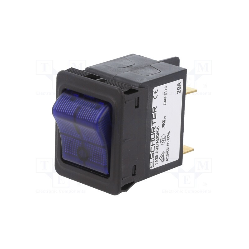 1 pcs x SCHURTER - 4435.0289 - Circuit breaker, Urated: 240VAC, 60VDC, 20A, DPST, Poles: 2, SNAP-IN