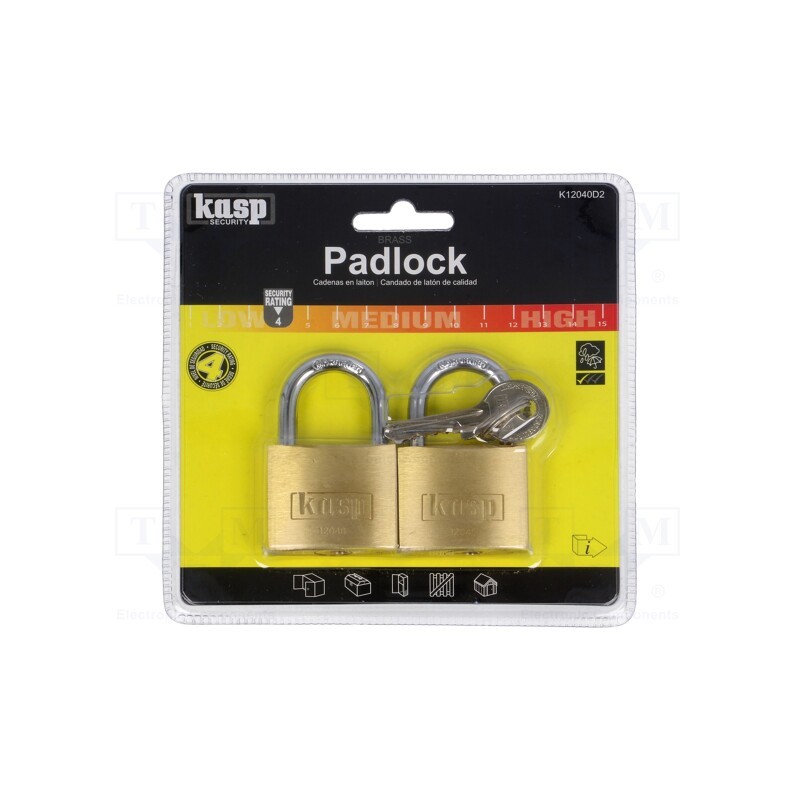 1 set x KASP - K12040D2 - Padlock, brass, hardened steel shackle,double bolted, shackle