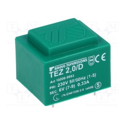 1 pcs x BREVE TUFVASSONS - TEZ2/D230/6V - Transformer: encapsulated, 2VA, 230VAC, 6V, 333.3mA, PCB, IP00, TEZ
