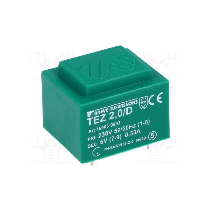 1 pcs x BREVE TUFVASSONS - TEZ2/D230/6V - Transformer: encapsulated, 2VA, 230VAC, 6V, 333.3mA, PCB, IP00, TEZ