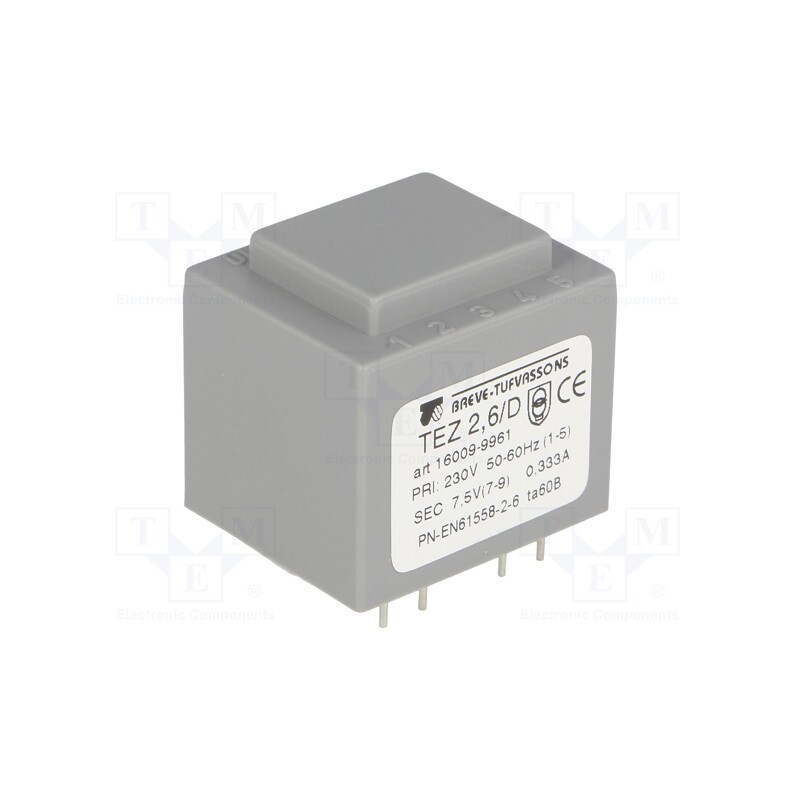 1 pcs x BREVE TUFVASSONS - TEZ2.6/D230/7.5V - Transformer: encapsulated, 2.5VA, 230VAC, 7.5V, 333.3mA, PCB, IP00