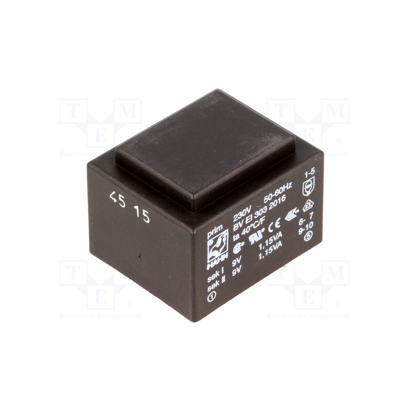 1 pcs x HAHN - BV EI 303 2016 - Transformer: encapsulated, 2.3VA, 230VAC, 9V, 9V, 127mA, 127mA, PCB