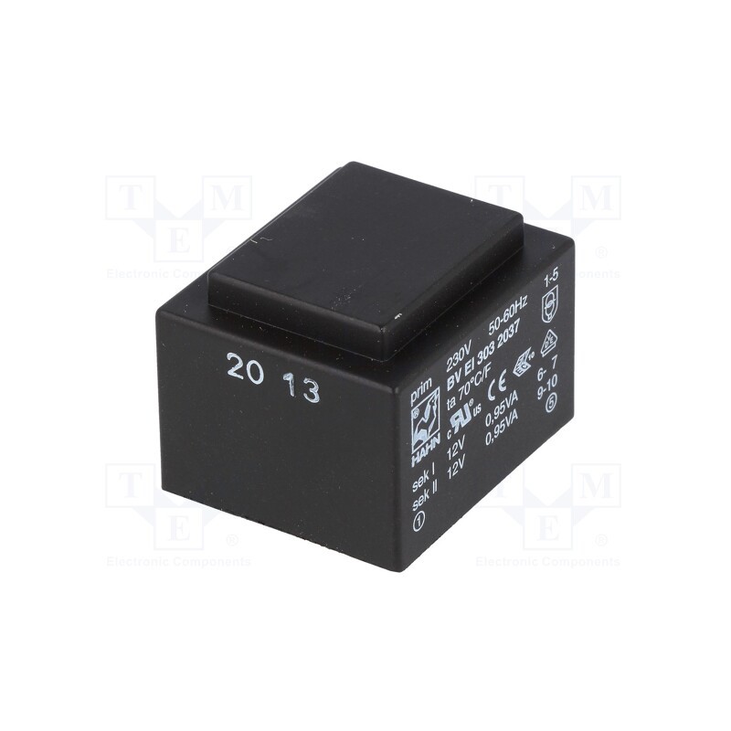 1 pcs x HAHN - BV EI 303 2037 - Transformer: encapsulated, 1.9VA, 230VAC, 12V, 12V, 79mA, 79mA, PCB