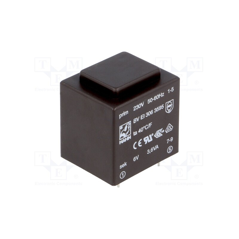 1 pcs x HAHN - BV EI 306 3595 - Transformer: encapsulated, 3.6VA, 230VAC, 6V, 600mA, PCB, BVEI