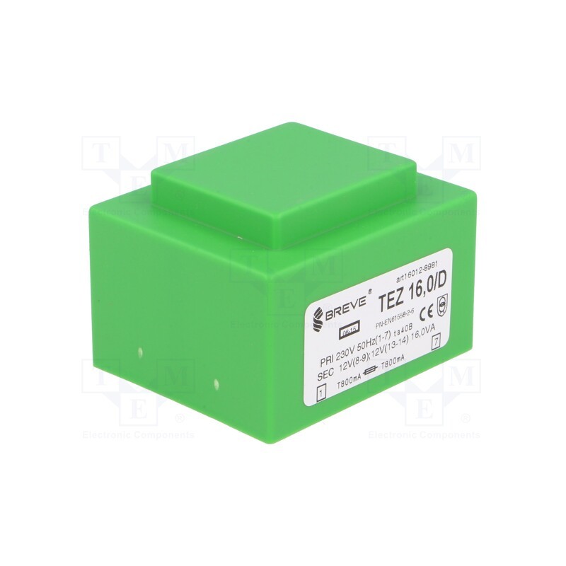 1 pcs x BREVE TUFVASSONS - TEZ16/D230/12-12V - Transformer: encapsulated, 16VA, 230VAC, 12V, 12V, 666.6mA, 666.6mA