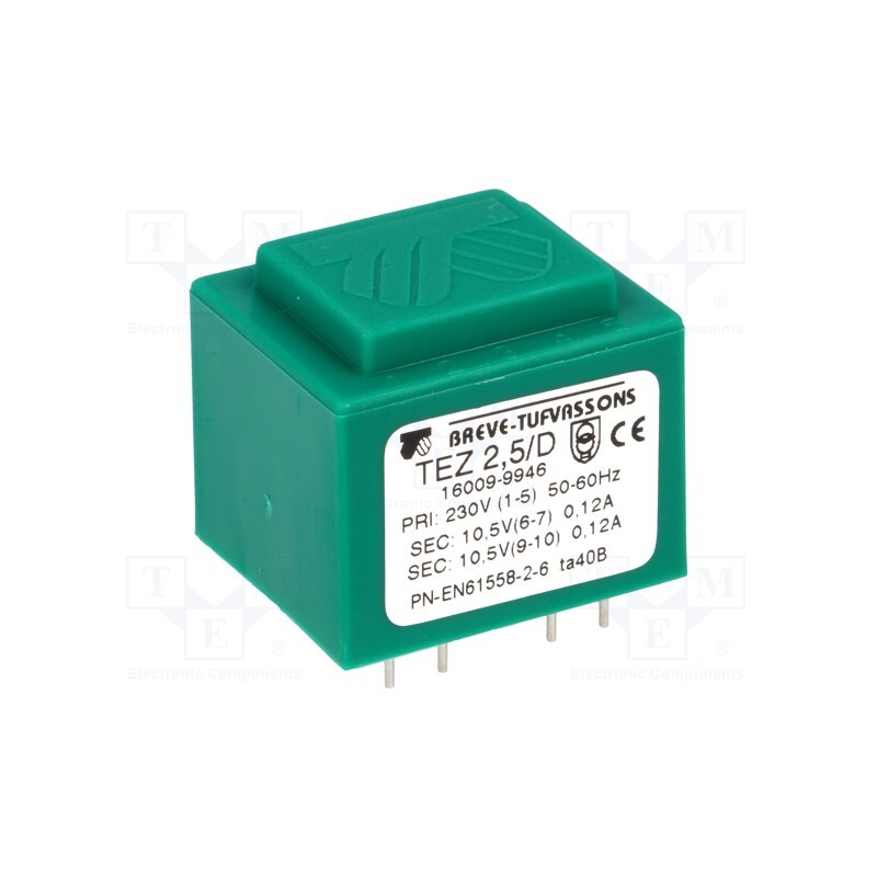 1 pcs x BREVE TUFVASSONS - TEZ2.5/D230/10.5-10.5V - Transformer: encapsulated, 2.5VA, 230VAC, 10.5V, 10.5V, 119mA, PCB