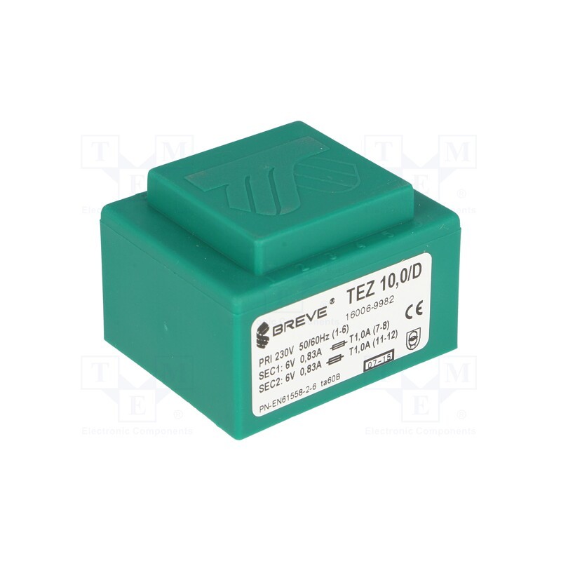 1 pcs x BREVE TUFVASSONS - TEZ10/D230/6-6V - Transformer: encapsulated, 10VA, 230VAC, 6V, 6V, 833.3mA, 833.3mA