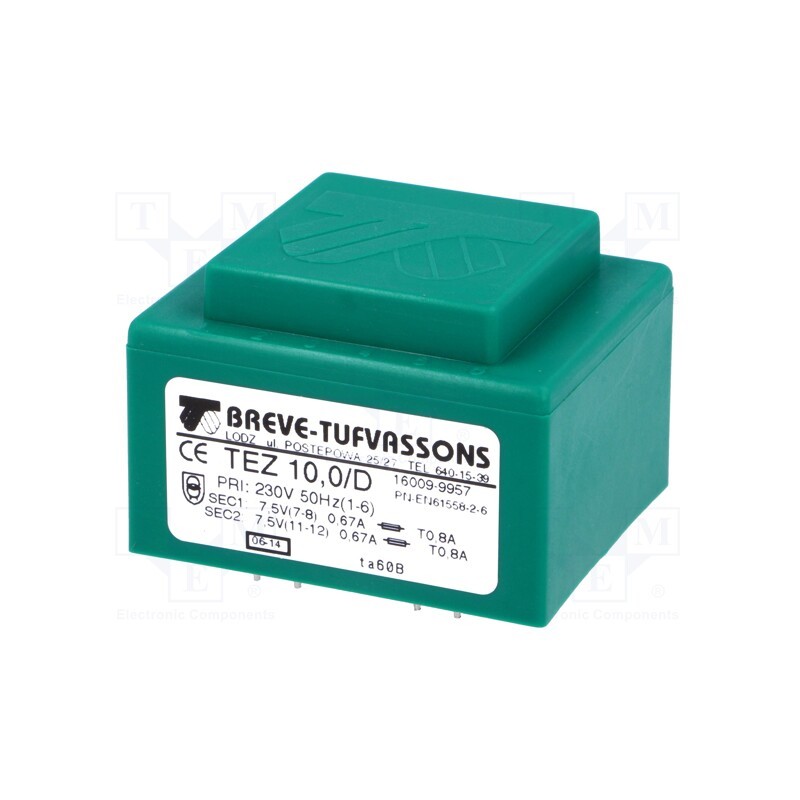 1 pcs x BREVE TUFVASSONS - TEZ10/D230/7.5-7.5V - Transformer: encapsulated, 10VA, 230VAC, 7.5V, 7.5V, 666.6mA, PCB