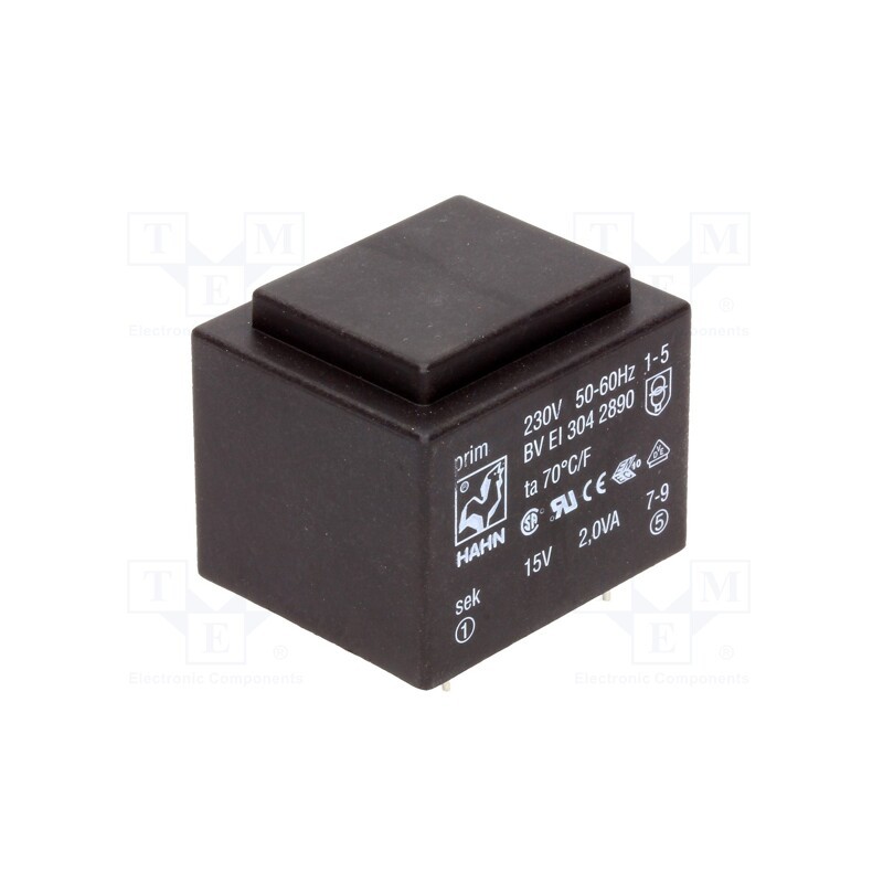 1 pcs x HAHN - BV EI 304 2890 - Transformer: encapsulated, 2VA, 230VAC, 15V, 133mA, PCB, BVEI