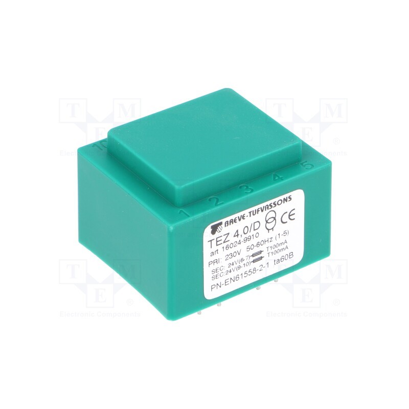1 pcs x BREVE TUFVASSONS - TEZ4/D230/24-24V - Transformer: encapsulated, 4VA, 230VAC, 24V, 24V, 83.3mA, 83.3mA