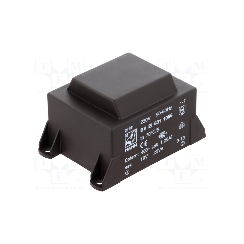 1 pcs x HAHN - BV EI 601 1066 - Transformer: encapsulated, 20VA, 230VAC, 18V, 1112mA, PCB, BVEI