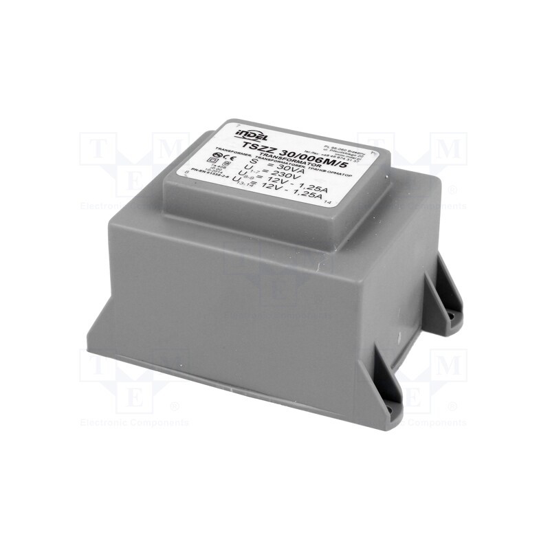 1 pcs x INDEL - TSZZ30/006M/5 - Transformer: encapsulated, 30VA, 230VAC, 12V, 12V, 1.25A, 1.25A, PCB