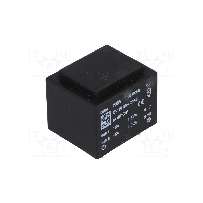 1 pcs x HAHN - BV EI 304 2048 - Transformer: encapsulated, 2.6VA, 230VAC, 15V, 15V, 87mA, 87mA, PCB