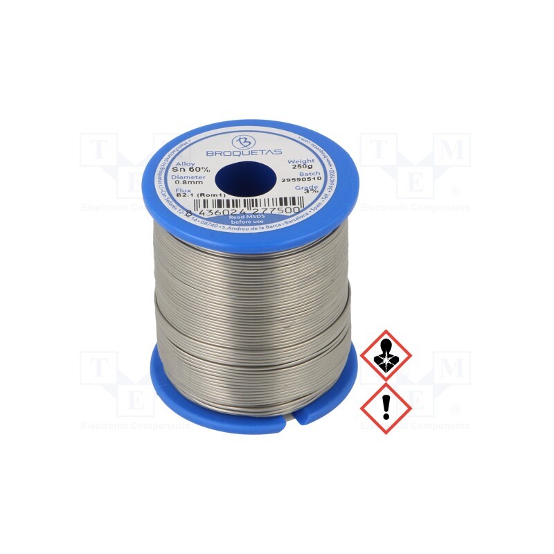 1 pcs x BROQUETAS - BROFIL 60 B2.1 0,8 MM 250 G - Soldering wire, Sn60Pb40, 0.8mm, 0.25kg, lead-based, reel