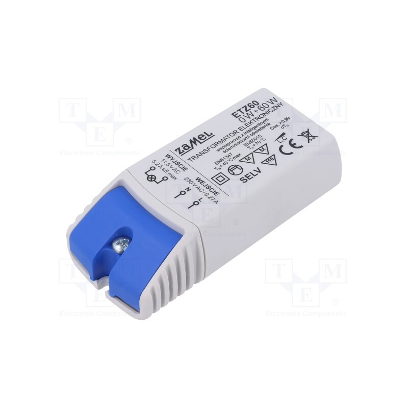 1 pcs x ZAMEL - ETZ60 - Transformer: electronic, 60VA, 230VAC, 11.5V, IP20, 95x41.5x27.5mm