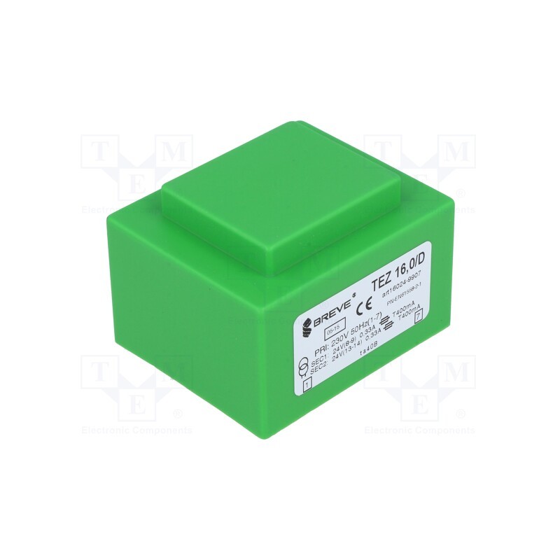 1 pcs x BREVE TUFVASSONS - TEZ16/D230/24-24V - Transformer: encapsulated, 16VA, 230VAC, 24V, 24V, 333.3mA, 333.3mA