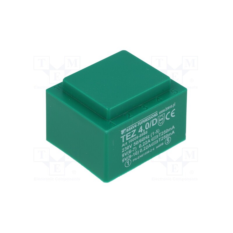1 pcs x BREVE TUFVASSONS - TEZ4/D230/9-9V - Transformer: encapsulated, 4VA, 230VAC, 9V, 9V, 222.2mA, 222.2mA