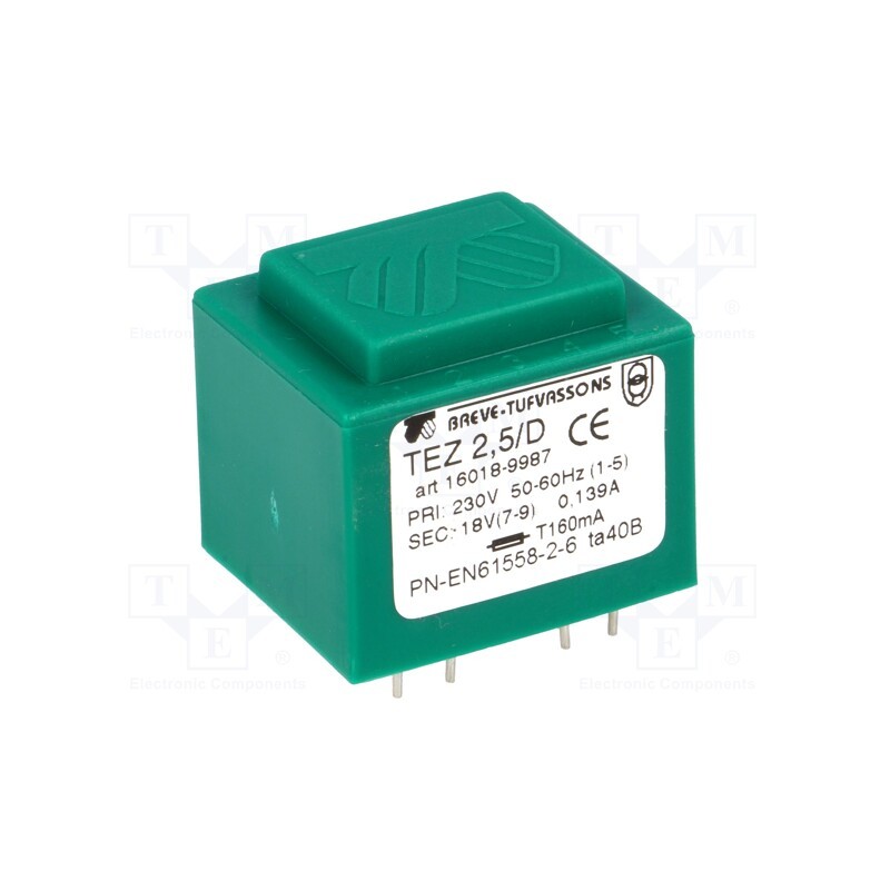 1 pcs x BREVE TUFVASSONS - TEZ2.5/D230/18V - Transformer: encapsulated, 2.5VA, 230VAC, 18V, 138.8mA, PCB, IP00
