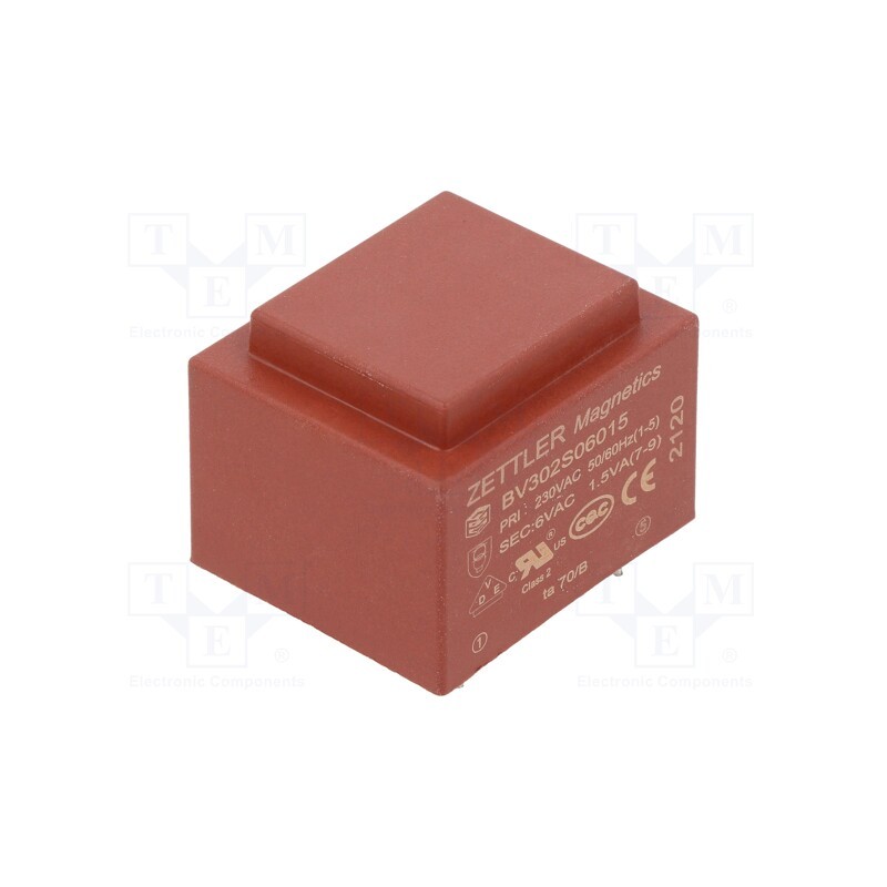 1 pcs x ZETTLER - BV302S06015 - Transformer: encapsulated, 1.5VA, 230VAC, 6V, 250mA, PCB